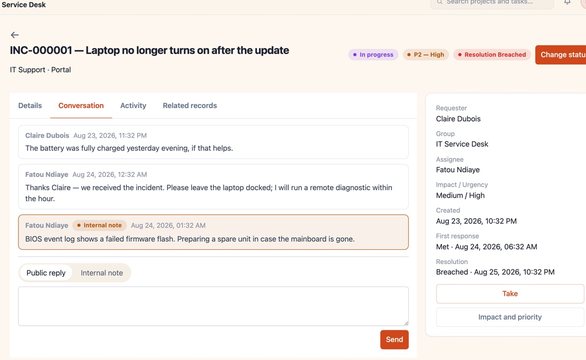 ReNest service desk ticket with SLA status
